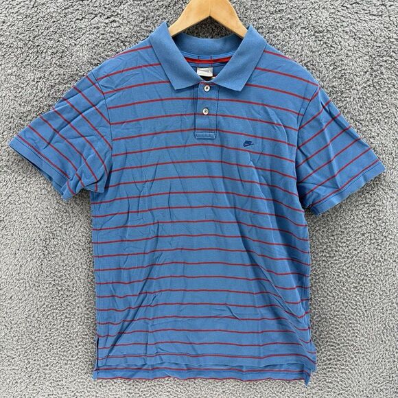 Nike Polo Golf Shirt Mens Large Blue Pink‎ Stripes Short Sleeve Active Stretch - Picture 1 of 6